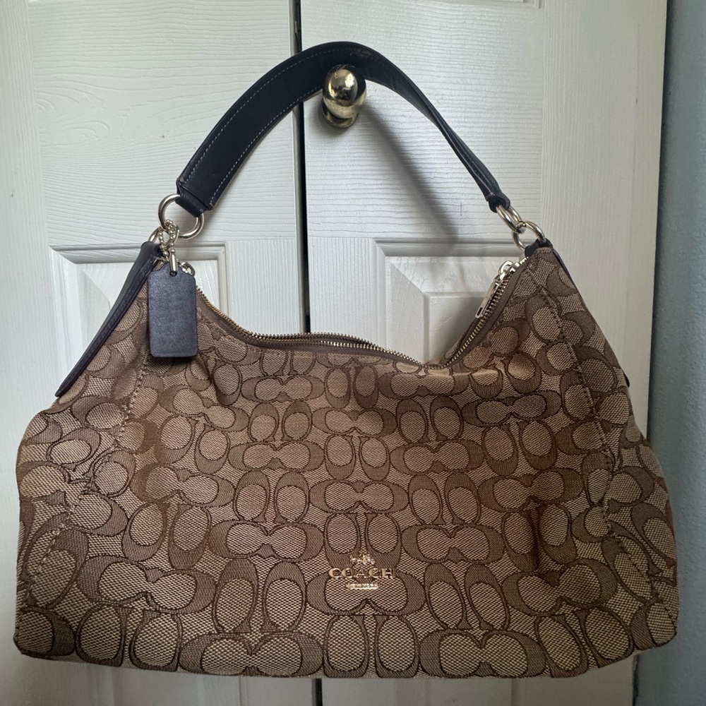 Coach Tan and Dark Brown Signature Shoulder Bag